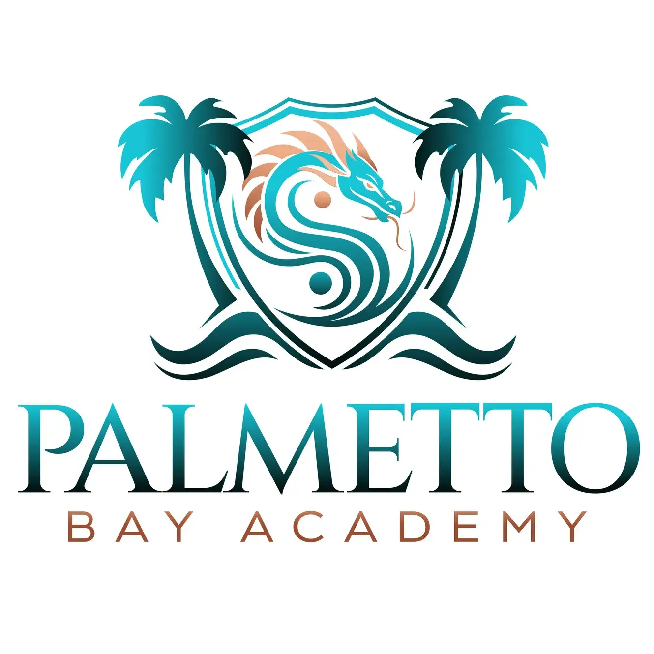 Palmetto Bay Academy logo with a teal dragon and two palm trees above the academy name on a white background.