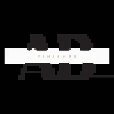 A minimalist logo with the word FINISHES centered on a white horizontal band against a black background.