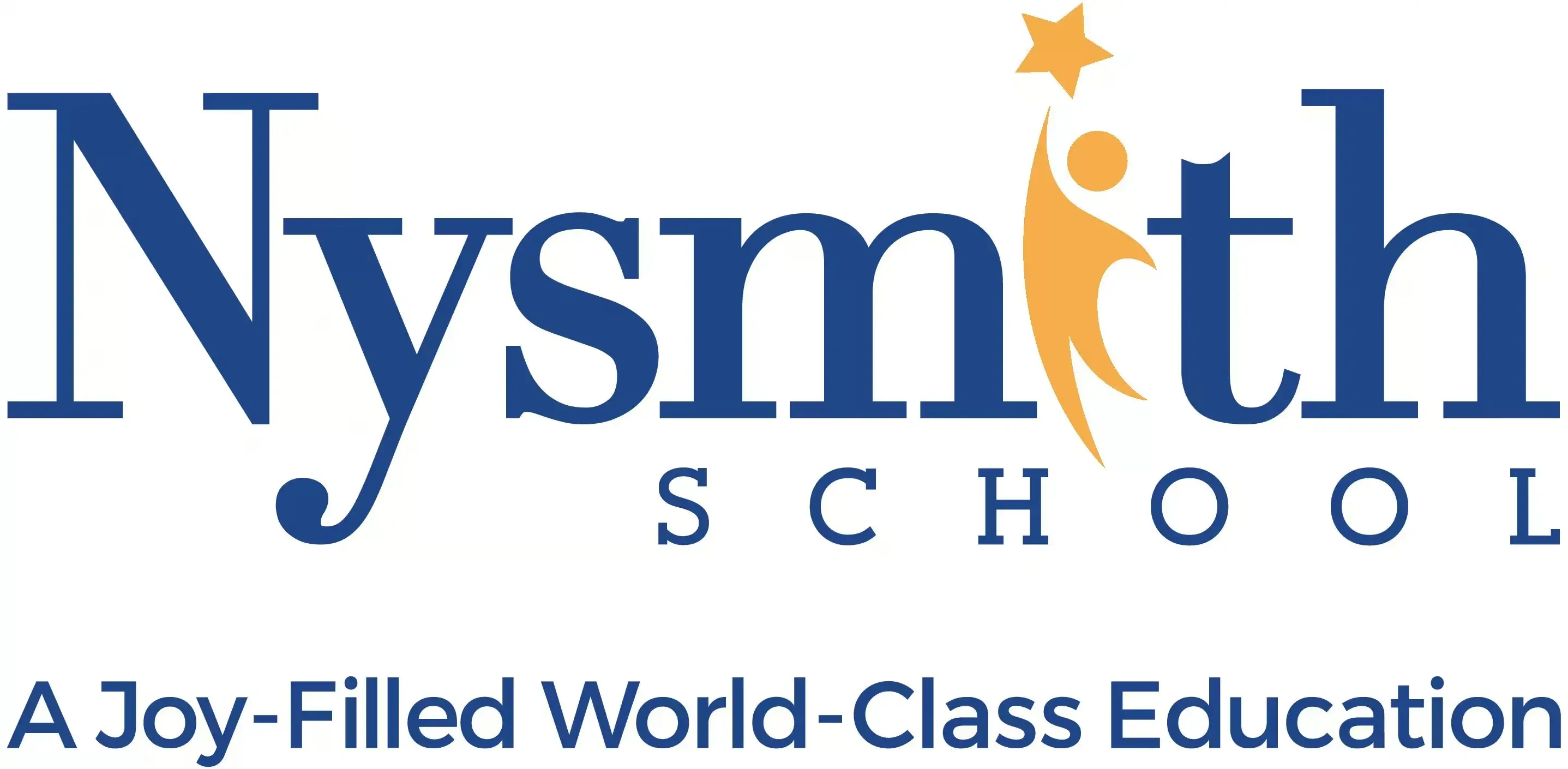 The Nysmith School logo features blue serif lettering with an orange figure reaching for a star above the word "School," on a white background with the tagline "A Joy-Filled World-Class Education."